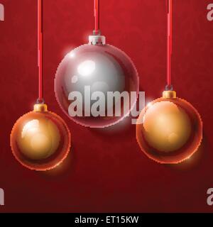 Arbre de Noël d'argent et de boules de verre brillant réaliste d'or sur fond rouge. 10 illustration vecteur EPS RVB Illustration de Vecteur