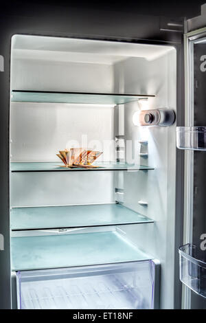 De l'argent frais dans le réfrigérateur : une poignée de billets de 50 euros éclairé par la lumière froide d'un réfrigérateur vide Banque D'Images