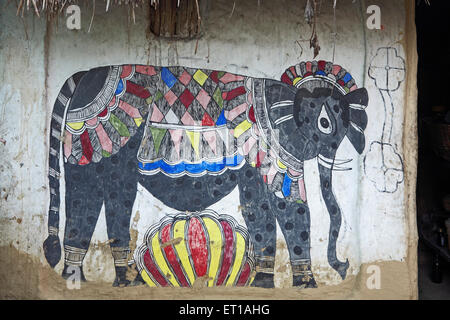Peinture murale éléphant, peinture Madhubani, peinture Mithila, Madhubani, Darbhanga,Bihar, Inde, Asie Banque D'Images
