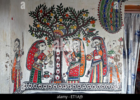 Peinture murale, peinture Madhubani, peinture Mithila, Madhubani, Darbhanga,Bihar, Inde, Asie Banque D'Images