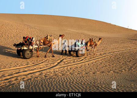 Les touristes en safari chameau panier ; Khuhri ; ; ; Inde Rajasthan Jaisalmer Banque D'Images