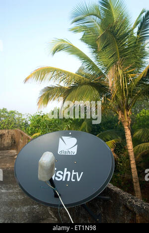 Antenne TV parabolique sur la terrasse de la maison de village Inde, fournisseur indien de services de diffusion directe par satellite Banque D'Images