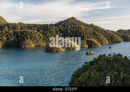 Îles calcaires, joindre une belle lagune tropicale dans la région de Raja Ampat, en Indonésie. Cette zone abrite une biodiversité marine. Banque D'Images