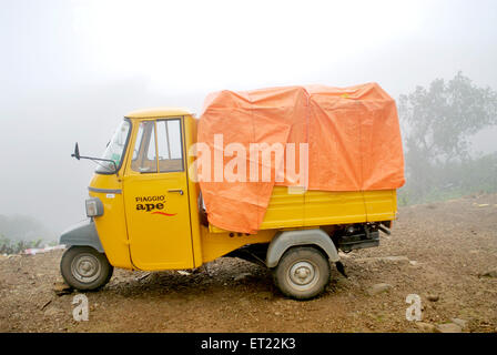 Pousse-pousse automatique de couleur jaune recouvert de tarpauline orange le jour de la brume ; collines tigrées ; Lonavala ; station de colline ; Lonavla ; Khandala ; Poona ; Pune ; Ma Banque D'Images