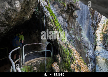 Walker passant sous une cascade dans les gorges de Cares Picos de Europa Cantabria Espagne Cordillère Banque D'Images