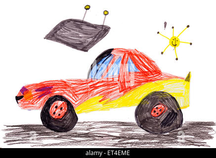 Voiture de course rouge. dessin d'enfant sur le papier. Banque D'Images