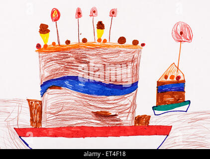 Dessin de l'enfant. Grand gâteau d'anniversaire dessin animé Banque D'Images