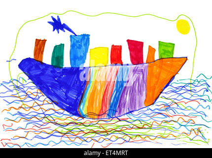 Ville sur le navire et de dessins d'enfants de la mer. Banque D'Images