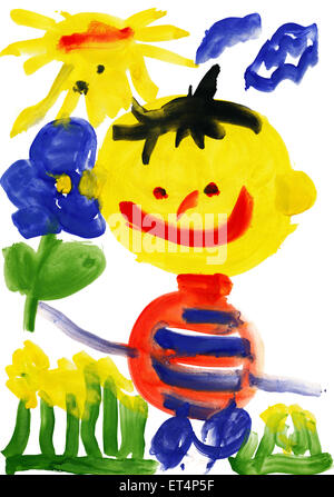 Dessin d'enfant à l'aquarelle. Heureux l'enfant on meadow Banque D'Images