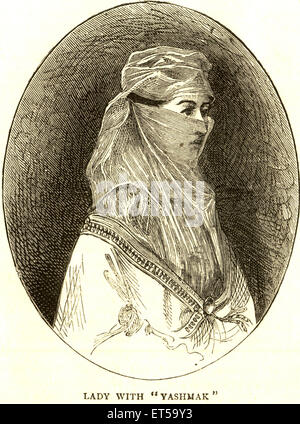 Femme portant yashmak yashmac yasmak turc Turkmen voile niqab vieux vintage gravure des années 1800 Banque D'Images