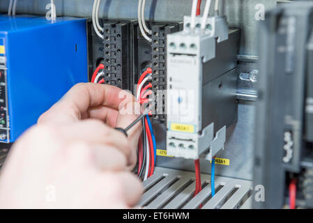 Close-up of electrician vissant en distribution par câble fusebox, Munich, Bavière, Allemagne Banque D'Images