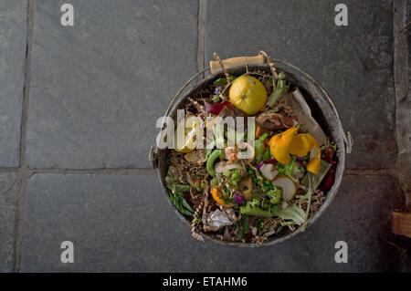 Un seau de compost sur un sol de la cuisine Banque D'Images