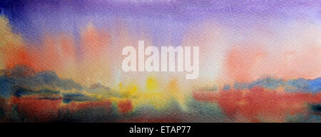 Peinture Aquarelle paysage de coucher du soleil et le lac de montagne Banque D'Images