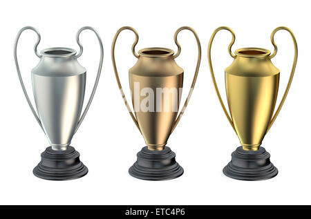 Tasses ou des trophées d'or, argent, bronze isolé sur fond blanc Banque D'Images