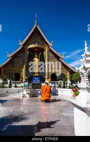 L'Asie. La Thaïlande, Chiang Mai. Wat Phra Singh. Moine à genoux priant devant la statue en or d'un moine vénéré. Banque D'Images