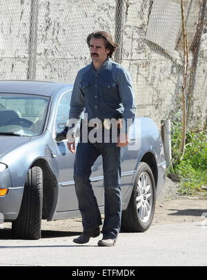 Le tournage de la deuxième saison de HBO's 'True Detective' dans le centre-ville de Los Angeles avec : Colin Farrell Où : Los Angeles, California, United States Quand : 10 Feb 2015 Cousart/JFXimages : Crédit/WENN.com Banque D'Images