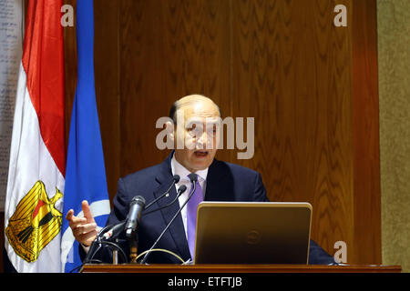 Le Caire, Égypte. 13 Juin, 2015. Président de l'Autorité du Canal de Suez Mohab Mamish parle lors d'une conférence de presse sur le nouveau canal de Suez à Ismaïlia, ville portuaire de l'Est de l'Égypte, le 13 juin 2015. La nouvelle route maritime du Canal de Suez sera ouvert officiellement le 6 août, le président de l'Autorité du Canal de Suez Mohab Mamish a déclaré samedi. © Ahmed Gomaa/Xinhua/Alamy Live News Banque D'Images