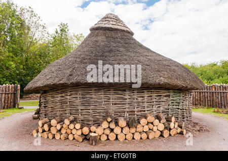 Une réplique de l'âge du fer, d'habitation faite de saule, Hazel et de chaume Banque D'Images