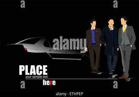 Voiture blanche silhouette et trois hommes d'affaires sur fond noir. Vector illustration Illustration de Vecteur