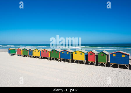 Des bains colorés à Muizenberg, Cape Town, Afrique du Sud, debout dans une ligne. Banque D'Images