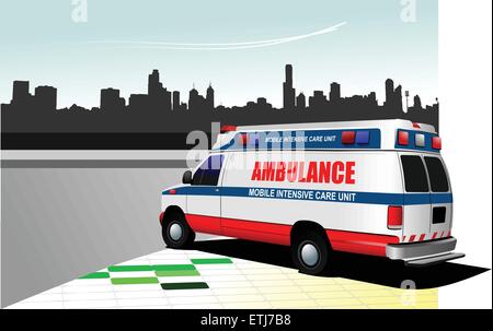 Ambulance moderne van sur fond de la ville. Illustration vecteur de couleur Illustration de Vecteur