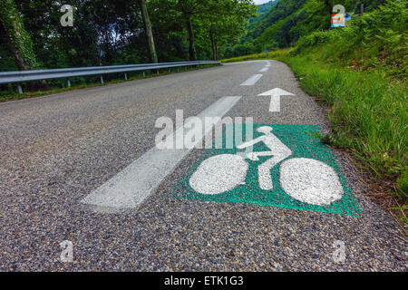 Signe vert et blanc peint sur la piste cyclable sur la route, cycle moyen cycle-lane, voie cyclable France Banque D'Images