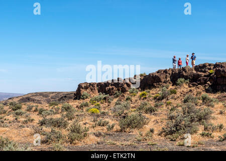 Les touristes regarder la vue sur le fleuve Columbia vers le Ginkgo Petrified Forest State Park à Washington USA. Banque D'Images