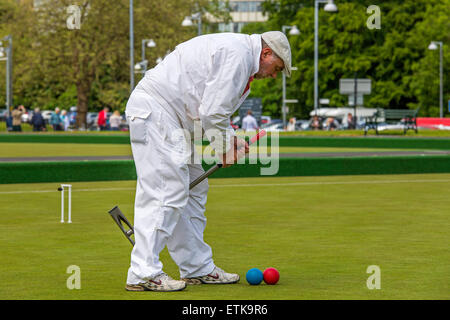 Glasgow, Ecosse, Royaume-Uni. 14 Juin, 2015. Le samedi 13 juin et dimanche 14 juin Glasgow a accueilli la rencontre annuelle des Quatre Nations tournoi de croquet au parc Kelvingrove et organisé par l'Association Croquet écossais. Les joueurs de l'Ecosse, Irlande, Angleterre et Pays de Galles chaque joué 5 'rubbers' contre les équipes adverses. Cette année, l'équipe gagnante était l'Angleterre. L'image est de John Surgeonor, écossais de l'équipe. Credit : Findlay/Alamy Live News Banque D'Images