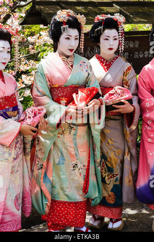 Japon, Kyoto. Trois geisha japonais, geiko, portant des kimono roses et crème, posant dans une rangée à l'extérieur dans le soleil printanier par quelques arbustes verts. Banque D'Images