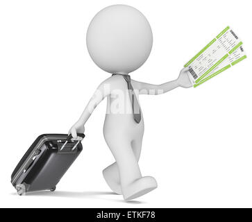 Le mec 3D personnage avec des holding suitcase et billets d'avion. Banque D'Images