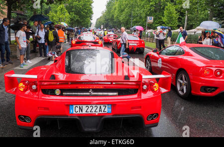 Turin, Italie. 14 Juin, 2015. Plusieurs Ferrari attendent le défilé début : à l'avant-plan l'édition spéciale de crédit Fxx : Edoardo Nicolino/Alamy Live News Banque D'Images