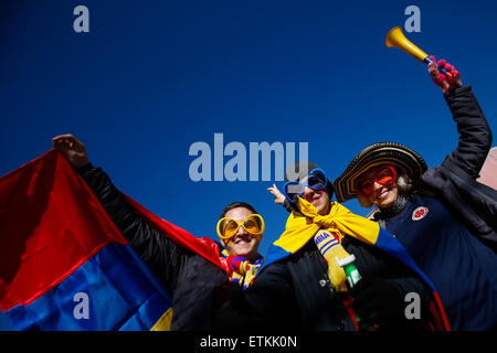 Santiago, Chili. 14 Juin, 2015. Fans de Colombie bravo pour l'équipe d'avance d'un match du groupe C entre la Colombie et le Venezuela dans la Copa America 2015 à Santiago, Chili, 14 juin, 2015. La Colombie a perdu le match 0-1. Credit : COLPRENSA/Xinhua/Alamy Live News Banque D'Images