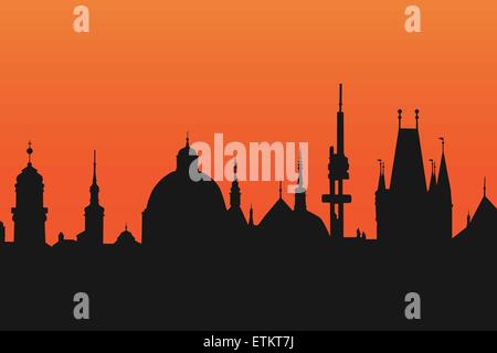 Silhouette de tours de Prague à l'aube, vue depuis la tour du pont, vector illustration. Concept d'en fin de soirée dans ce magnifique hi Illustration de Vecteur