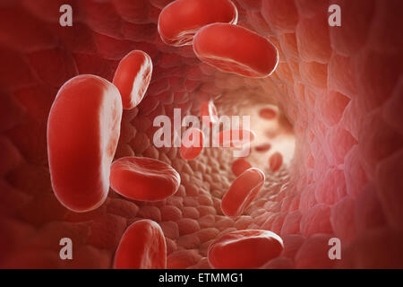 Illustration stylisée montrant des globules rouges circulant dans le sang. Banque D'Images