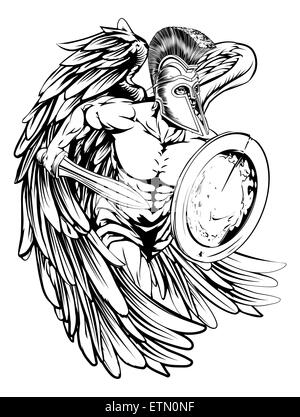 Une illustration d'un ange guerrier ou caractère mascot sport dans un cheval de troie ou casque style spartiate, tenant une épée et un bouclier Banque D'Images