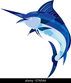 Style polygone faible illustration d'un marlin bleu de sauts de poisson vu de côté situé sur fond blanc isolé. Banque D'Images