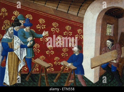 Le Roi Arthur ordonnant la préparation de banquets pour les Chevaliers de la Table ronde. Manuscrit. Le roman de Tristan. 15e siècle. Le français. Banque D'Images