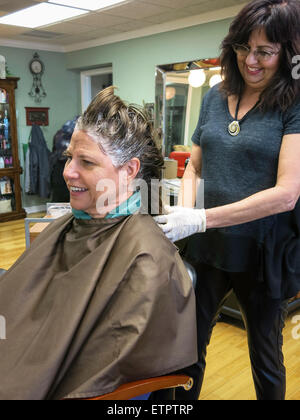 Propriétaire de Salon de cheveux d'une couleur pour cliente, Florida, USA Banque D'Images