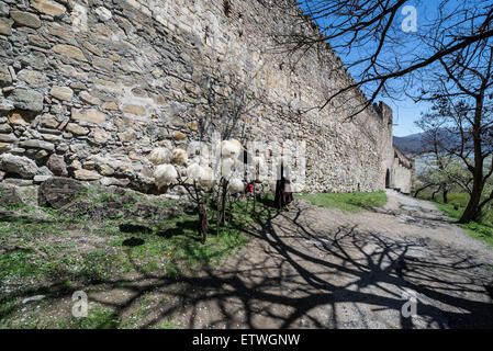 Stand avec des chapeaux en laine de mouton traditionnels géorgiens à côté de fortifications de l'époque médiévale château Ananuri complexe sur la rivière Aragvi dans Banque D'Images