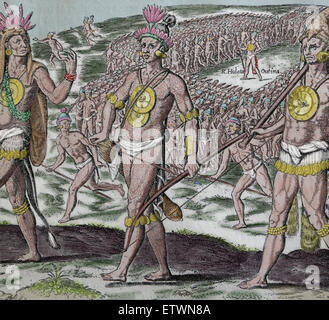 Guerriers. Native American. Dessin de l'artiste français Jacques Le Moyne. Membre de l'expédition de Jean Ribault au Nouveau Monde Banque D'Images