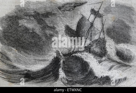 Christophe Colomb (1450-1506). Explorer, navigation. Découvreur du Nouveau Monde. Tempête, côte du Honduras. La gravure. 19e c Banque D'Images