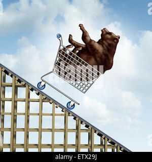Le déclin du marché boursier crise financière concept comme un ours dans un panier qui descend à un roller coaster structure comme un investissement pour la métaphore et le symbole négatif et sentiment conservateur en actions trading stratégie. Banque D'Images