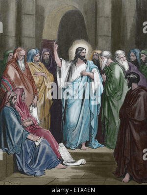 Nouveau Testament. Le Christ dans la synagogue. Matthieu 13 : 54, 55. Gravure de Gustave Dore. 19e siècle. Plus tard la couleur. Banque D'Images