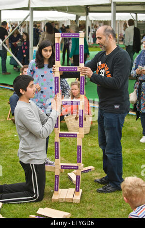 Les visiteurs La construction d'une structure équilibrée en bois par le Woodland Trust au Hay Festival 2015 Banque D'Images