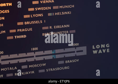 Ancienne numérotation fréquence radiogramme. Les ondes moyennes liste des stations de radio. Positions de réglage. Banque D'Images