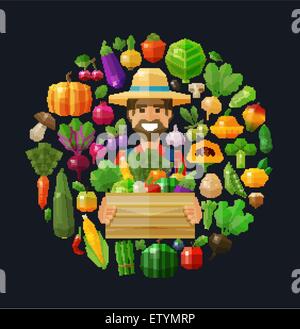 Des aliments frais. les fruits et légumes icons set. agriculteur avec une boîte dans sa main Illustration de Vecteur