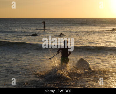 Pagayez surfer dans le coucher du soleil Banque D'Images