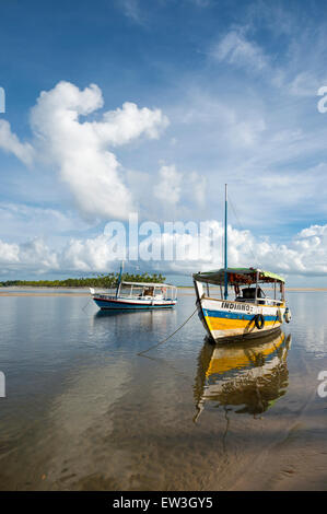 BAHIA, BRÉSIL - 16 mars 2015 : bateaux de pêche brésiliens colorés traditionnels reflètent dans l'eau peu profonde d'une île côtière. Banque D'Images