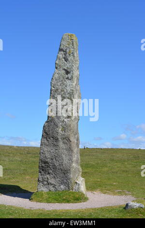 Le menhir Merrivale, 3.1m high standing stone dans le complexe préhistorique Merrivale, Dartmoor National Park, Devon, Angleterre Banque D'Images