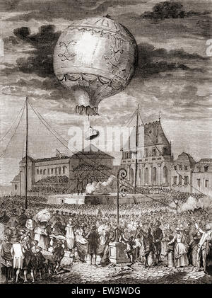 Le vol de l'aérostat réveillon le 19 septembre 1783 par les frères Montgolfier à Versailles, France, avant le roi Louis XVI de France et de la Reine Marie Antoinette. Banque D'Images